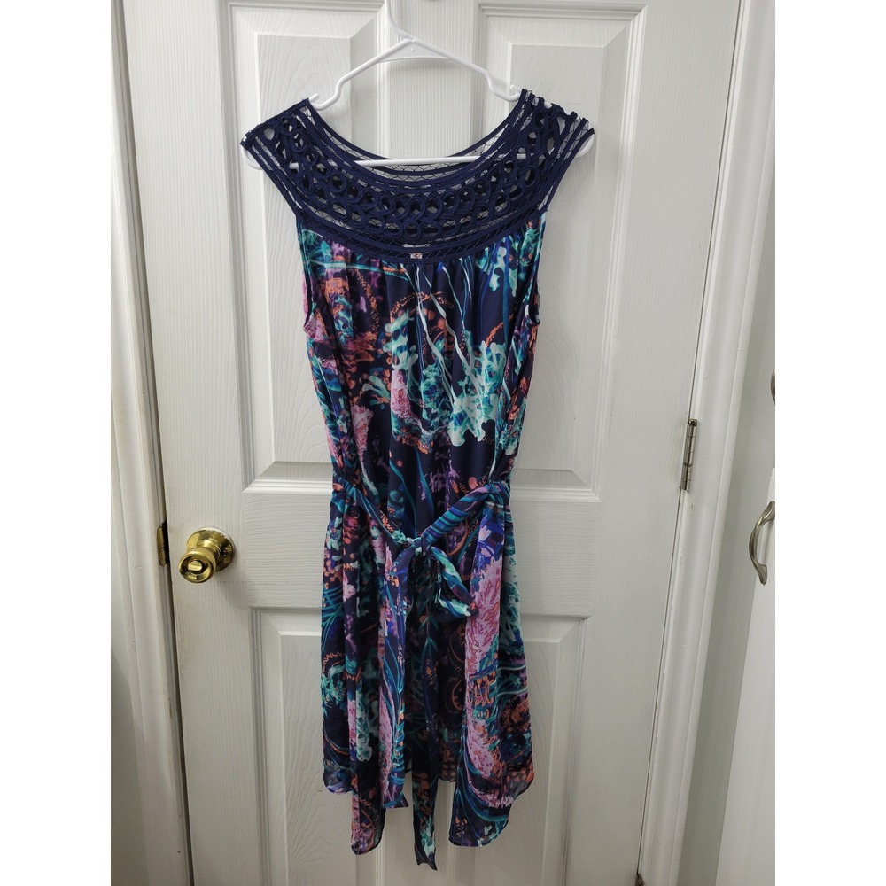 Soma Navy Blue Floral Crochet Neck Sleeveless Belted Dress Medium